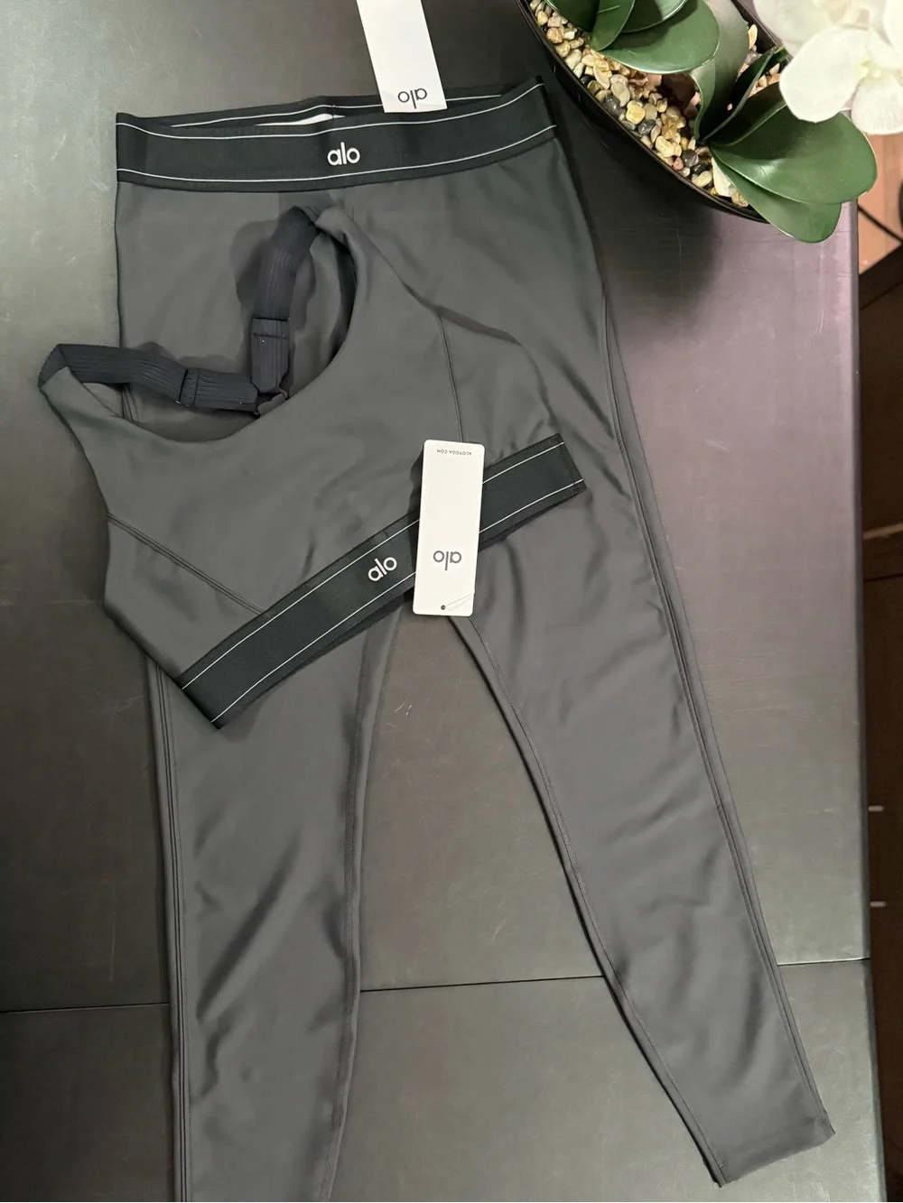 ALO Yoga Charcoal Gray High-Rise Leggings with Matching Sports Bra